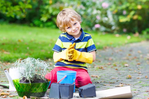 Funny little kid boy planting flowers in garden on sprinig — Stock Photo, Image