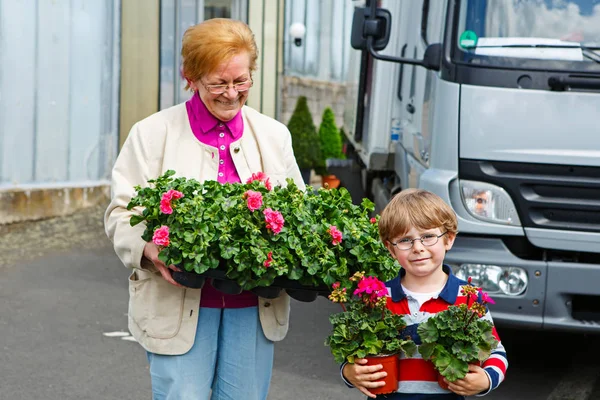 Avó com menino depois de fazer compras com flores coloridas de gerânio — Fotografia de Stock