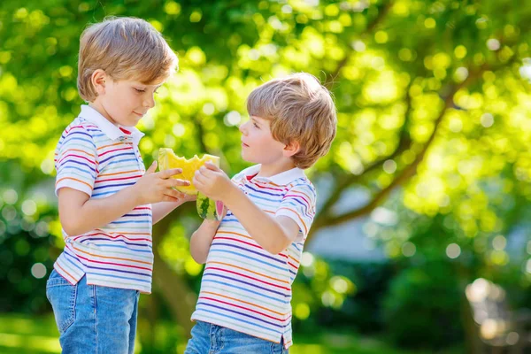 Dois meninos pré-escolares pequenos comendo melancia no verão — Fotografia de Stock