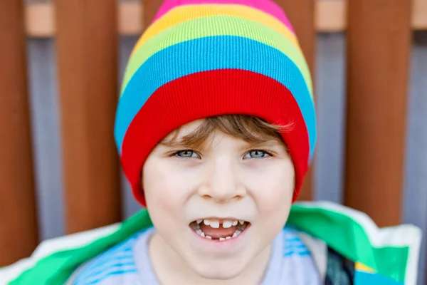 Outdoor fashion portrait of adorable little kid boy wearing colorful clothes — Stock Photo, Image