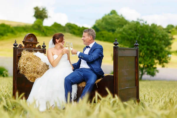 Happy wedding couple in wheat field — Stock Photo, Image