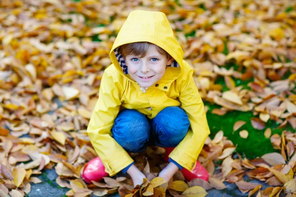 Glad söt liten unge pojke med höstlöv som spelar i trädgården — Stockfoto
