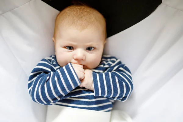 Söt bedårande två månader baby suger knytnäve. — Stockfoto