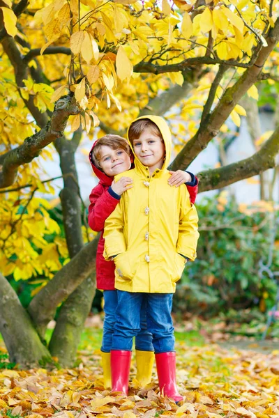 Two little best friends and kids boys autumn park in colorful clothes. — Stock Photo, Image