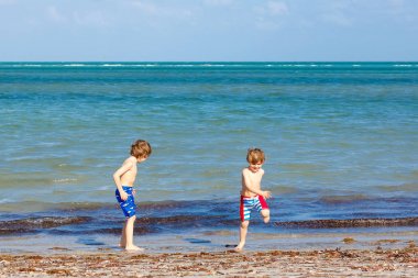 İki küçük çocuk tropik sahilde eğleniyor.