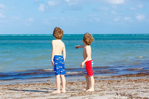 Duas crianças meninos se divertindo na praia tropical — Fotografia de Stock