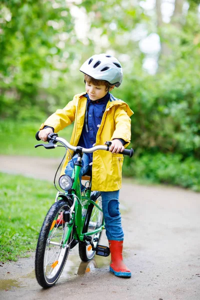 Cute little preschool kid boy riding on bicycle in park. — Stock Photo, Image