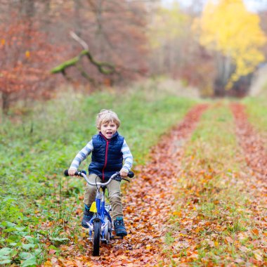 Küçük çocuk çocuk sonbahar ormandaki bisiklet ile