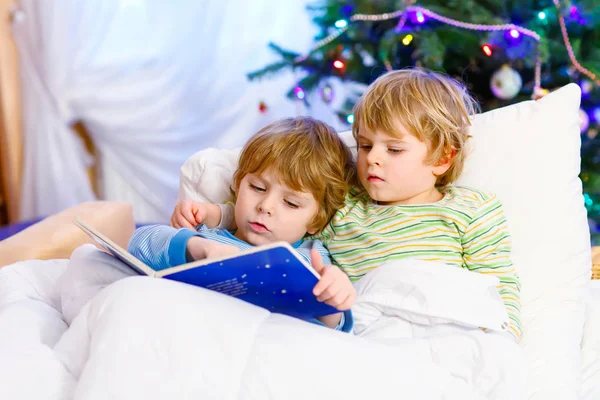Two little blond sibling boys reading a book on Christmas — Stock Photo, Image