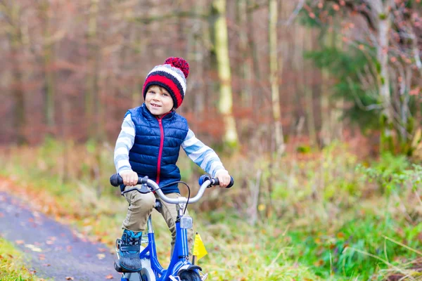 Lille dreng dreng med cykel i efteråret skov - Stock-foto