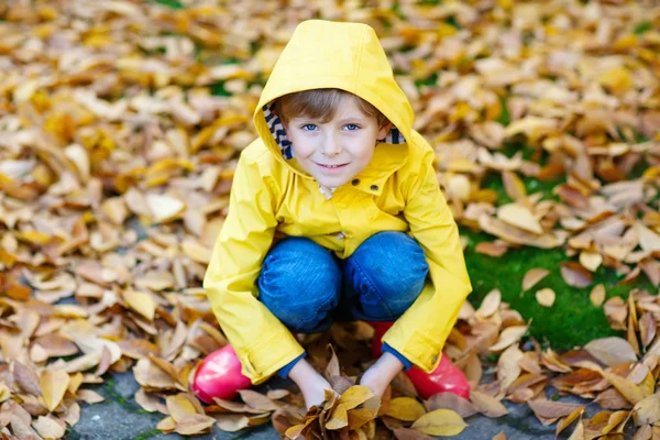 Gelukkig schattige kleine jongen jongen met herfstbladeren spelen in de tuin — Stockfoto