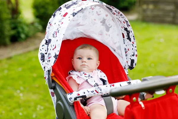 Bonito pequena menina bonita de 6 meses sentada no carrinho de bebê ou carrinho e esperando a mãe — Fotografia de Stock