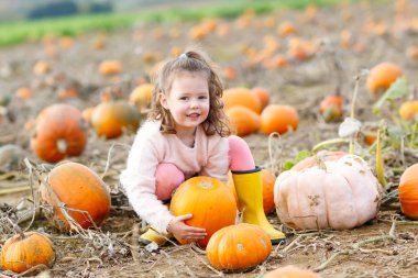 Sevimli küçük çocuk kız kabak yama üzerinde eğleniyor.