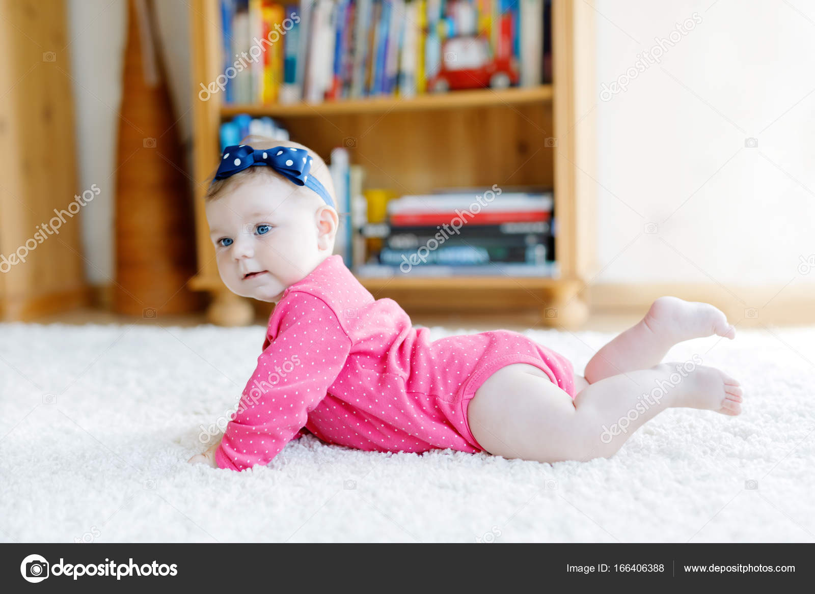 Portrait Of Little Tiny Baby Girl Of 5 Months Indoors At Home Stock Photo By C Romrodinka