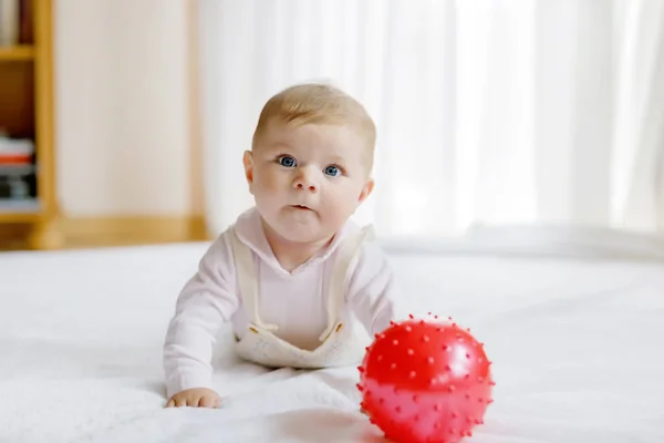 Niedliches Baby spielt mit rotem Gummiball, kriecht, greift zu — Stockfoto