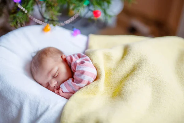 Bebé recién nacido de una semana durmiendo cerca del árbol de Navidad — Foto de Stock