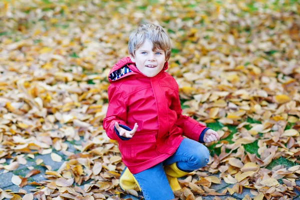 Menino pequeno bonito feliz com folhas de outono que jogam no jardim — Fotografia de Stock