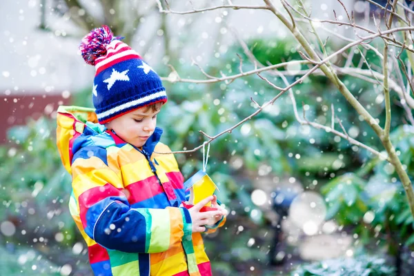 Kleine jongen jongen opknoping vogelhuisje op boom voor het voederen in de winter — Stockfoto