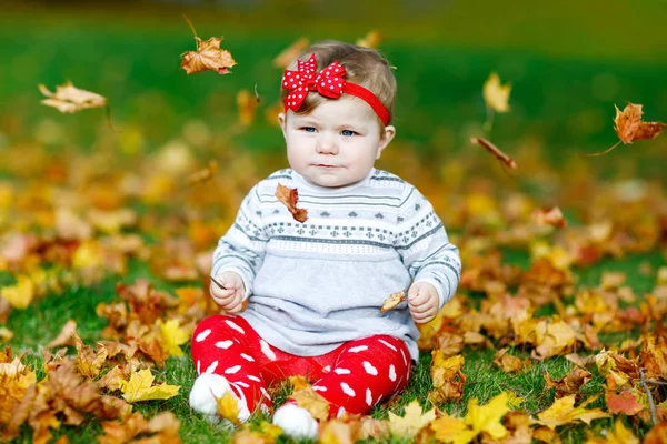 Adorable niña en el parque de otoño en el soleado día cálido de octubre con hoja de roble y arce — Foto de Stock