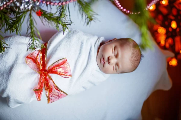 Uma semana de idade bebê recém-nascido envolto em cobertor perto da árvore de Natal — Fotografia de Stock