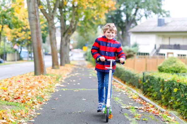 Güzel bir okul öncesi çocuk çocuk sonbahar City scooter sürme — Stok fotoğraf