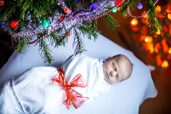 Een week oud pasgeboren baby gewikkeld in een deken in de buurt van de kerstboom — Stockfoto