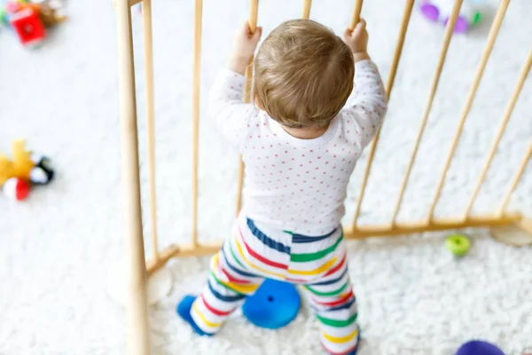 Mooie babymeisje permanent binnen kinderbox. Leuk schattig kind spelen met kleurrijke speelgoed — Stockfoto