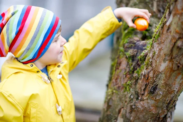 Cute adorable little kid boy making an egg hunt on Easter. — Stock Photo, Image