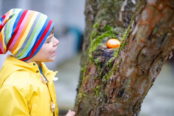 Ładny ładny mały chłopiec dziecko Dokonywanie jajko polować na Wielkanoc. — Zdjęcie stockowe