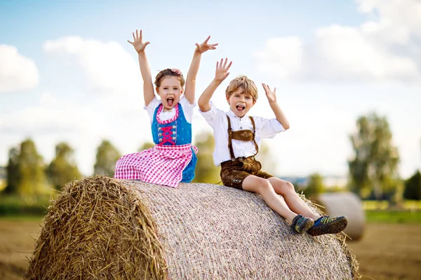 Deux enfants, garçon et fille en costumes bavarois traditionnels dans le champ de blé avec des balles de foin — Photo