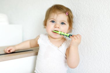 Küçük kız diş fırçası tutuyor ve ilk dişlerini fırçalıyor. Bebek süt dişini temizlemeyi öğreniyor..