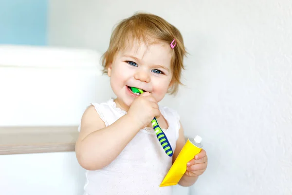 칫솔을 잡고 첫 번째 이를닦는 어린 소녀. 어린이들은 젖으로 치아를 닦는 법을 배운다. — 스톡 사진