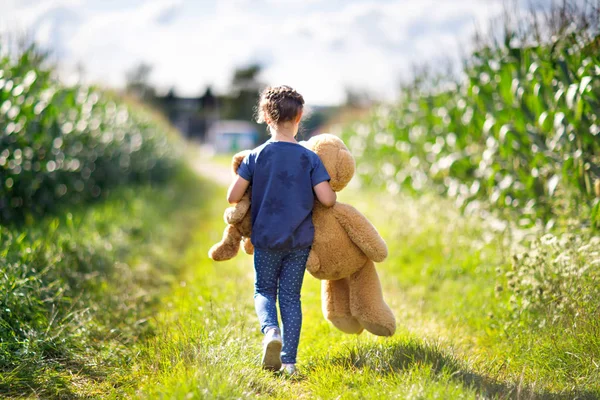 Cute little girl playing with two push toy teddies. Kid holding huge bear and small bear and walking in nature landscape — Stock Photo, Image