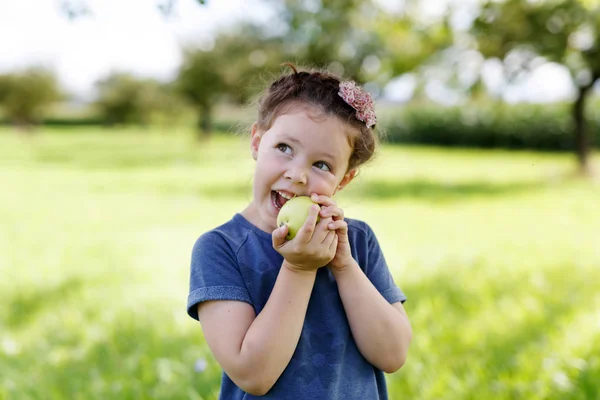 かわいい幼稚園の子供女の子有機農場で緑のリンゴを食べる — ストック写真