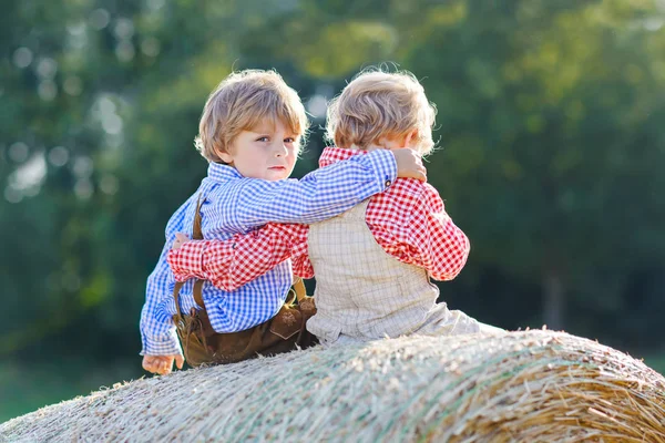 Δύο μικρό παιδί αγόρια, δίδυμα και τα αδέλφια κάθονται σε ζεστή καλοκαιρινή μέρα σε άχυρα — Φωτογραφία Αρχείου