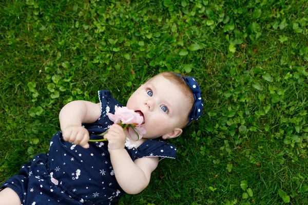 Adorabile bambina sull'erba con fragole sei falene — Foto Stock