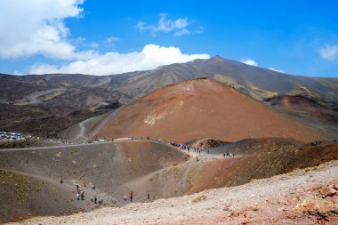 Sicilya Adası 'ndaki aktif volkan Etna' nın geniş panoramik görüntüsü, İtalya 'nın sönmüş kraterleri, volkanik aktivite izleri. Çorak lav taşları arazisi