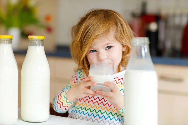 Adorable niña bebiendo leche de vaca para el desayuno. Linda hija con un montón de biberones. Niño sano que tiene la leche como fuente de calcio saludable. Niño en casa o en la guardería por la mañana. —  Fotos de Stock