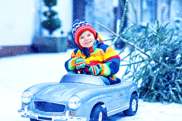 Mooie kleine lachende jongen die in een speelgoedauto rijdt met een kerstboom. Gelukkig kind in de winter mode kleding brengen gehakte kerstboom uit besneeuwd bos. Familie, traditie, vakantie. — Stockfoto