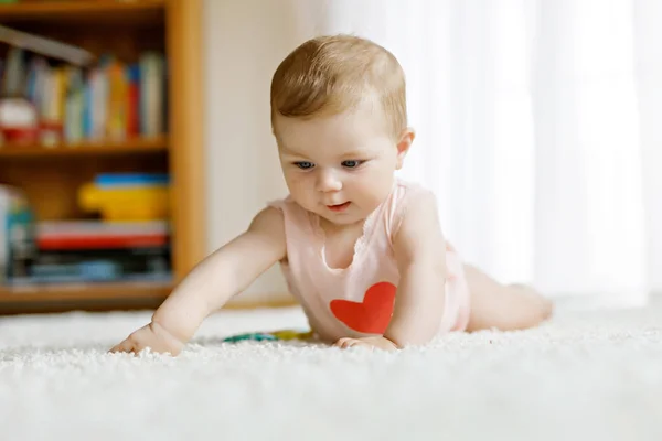 小さな面白いです赤ちゃん女の子持ち上げ体と学習へクロール. — ストック写真