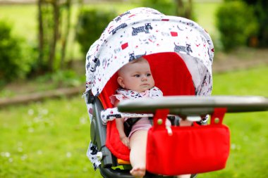 Sevimli küçük güzel kız bebek 6 aylık çocuk arabası ya da bebek arabası oturan ve anne için bekliyor. Mavi gözlü mutlu gülümseyen çocuk