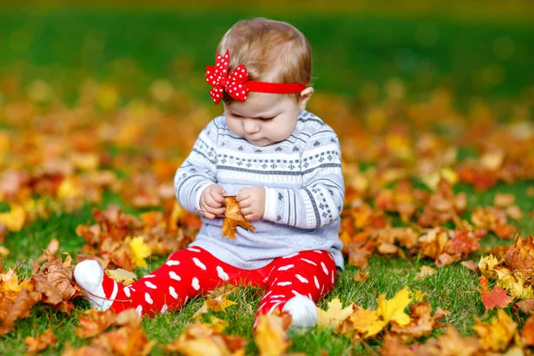 Adorable niña en el parque de otoño en el soleado día cálido de octubre con hojas de roble y arce. Follaje de otoño. Diversión familiar al aire libre en otoño. niño sonriendo. —  Fotos de Stock