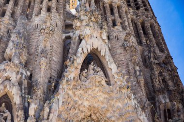BARCELONA, SPAIN - APRIL 24, 2019: Cathedral La Sagrada Familia in Barcelona, Spain. It is designed by architect Antonio Gaudi and built since 1882