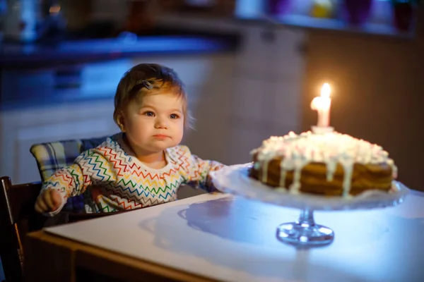 Милая красивая маленькая девочка празднует первый день рождения. Ребенок задувает одну свечу на домашнем торте, в помещении. День рождения для прекрасного малыша, красивой дочери — стоковое фото