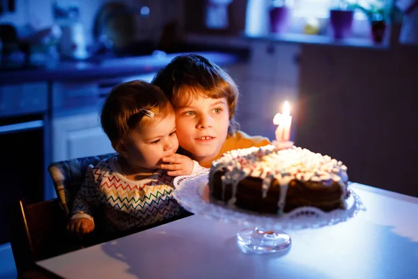 Мила красива маленька дівчинка, яка святкує перший день народження. Хлопчик з маленьким братом дме одну свічку на домашньому тістечку, в приміщенні. Двоє щасливих дітей святкують день народження разом — стокове фото