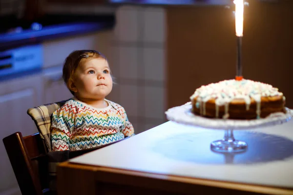 Cute beautiful little baby girl celebrating first birthday. Child blowing one candle on homemade baked cake, indoor. Birthday family party for lovely toddler child, beautiful daughter — Stock Photo, Image