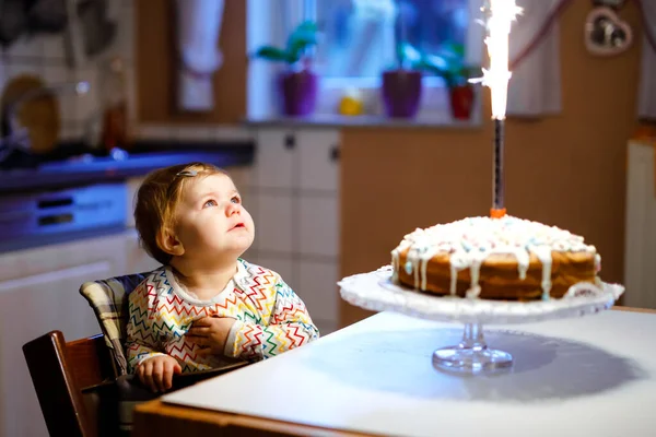 Jolie belle petite fille qui fête son premier anniversaire. Enfant soufflant une bougie sur un gâteau fait maison, à l'intérieur. Anniversaire fête de famille pour adorable tout-petit enfant, belle fille — Photo