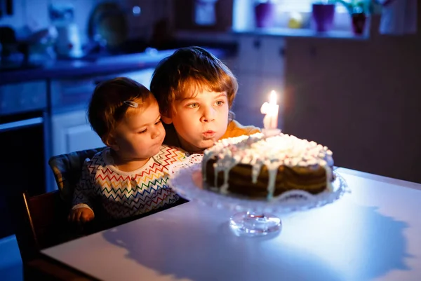 可爱漂亮的小女孩庆祝第一个生日。孩子和弟弟男孩在自家做的烤蛋糕上吹一支蜡烛，室内。两个快乐的孩子一起庆祝生日 — 图库照片