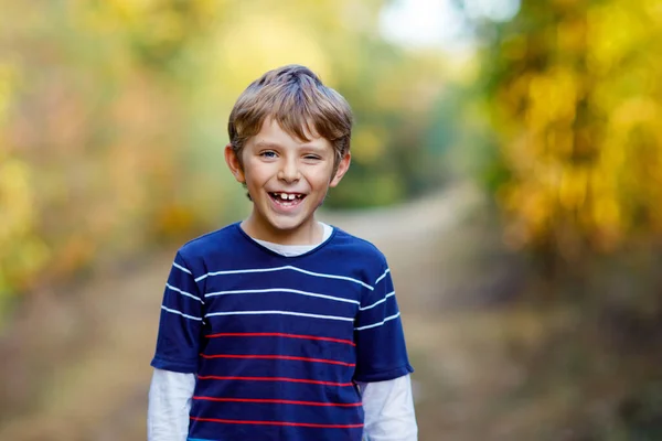 Porträtt av en liten cool pojke i skogen. Glad frisk barn att ha kul på varm solig dag tidig höst. Familj, natur, kärlek och aktiv fritid. — Stockfoto