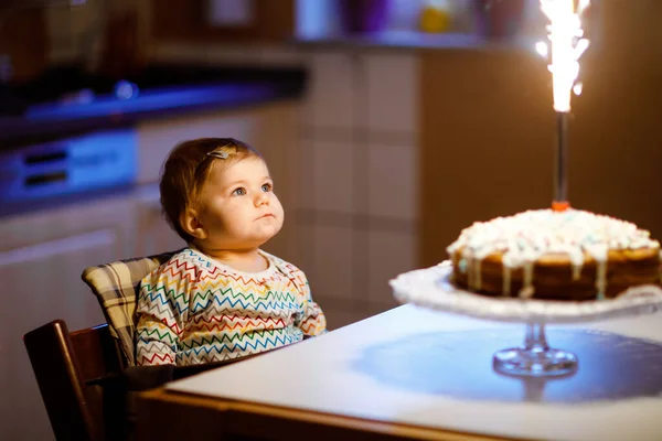 Aranyos, gyönyörű kislány, aki az első születésnapját ünnepli. Gyerek fúj egy gyertyát házi süteményre, beltérben. Születésnapi családi party szép kisgyermek, gyönyörű lánya — Stock Fotó